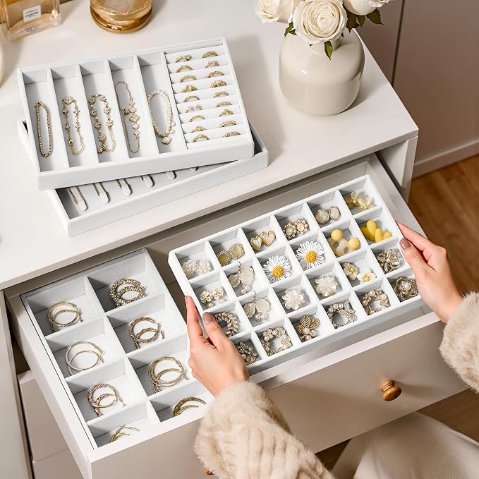 Velvet Jewelry Drawer Organizer Trays – Large White Stackable Jewelry Storage Inserts Set, 4-Layer Jewelry Tray Set for Earrings, Rings, Necklaces, Bracelets with Removable Dividers for Dresser,Vanity - Image 7