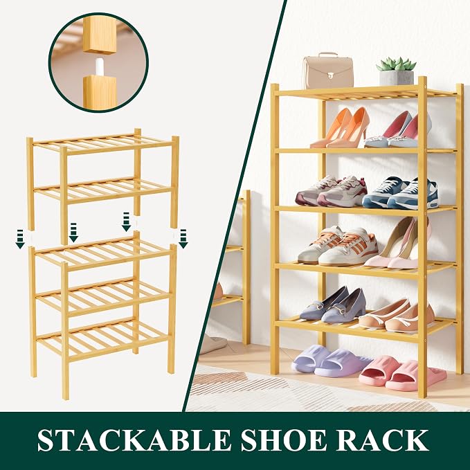 Smiry Bamboo Shoe Rack for Closet, 4 Tier Small Wooden Stackable Shoe Organizer, Free Standing Shoes Storage Shelf for Entryway, Front Door Entrance, Natural - Image 4