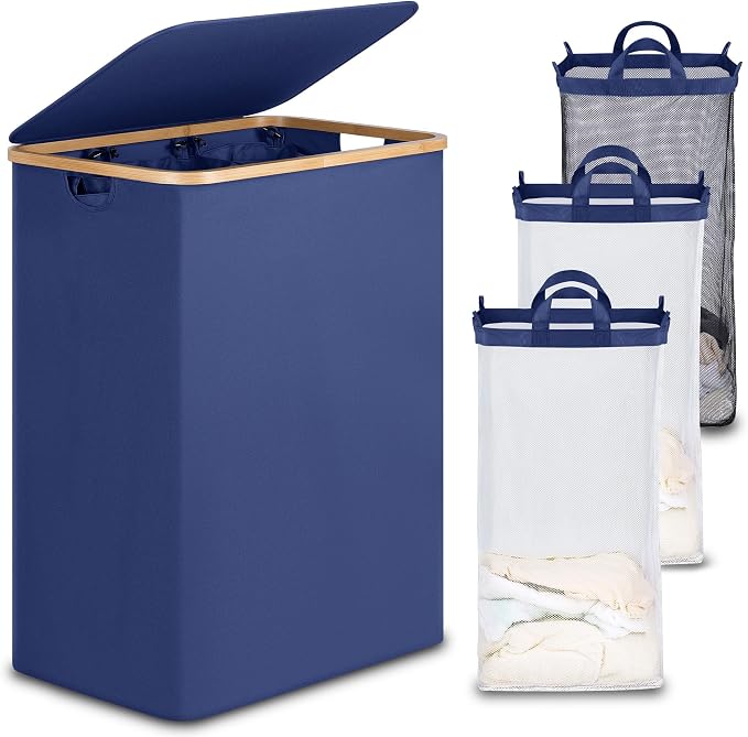 efluky Laundry Hamper with Lid, Trio Laundry Hamper with 3 Removable Bags, 3 Section Laundry Basket with Bamboo Handles for Bathroom, Bedroom & Laundry Room, 160L Blue by efluky