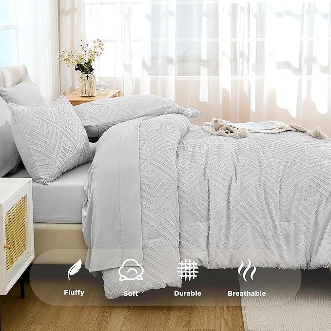 Andency Light Grey Super King Size Comforter Set with Sheets - 7 Pieces Bed in a Bag Boho Tufted Bedding Sets Fluffy Lightweight Super King Bed Set with Comforter, Sheets, Pillowcases & Shams