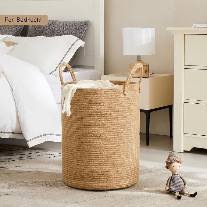 60L Jute Woven Laundry Hamper Basket Wicker Rope Clothes Hamper Tall Rattan Blanket Basket in Living Room Bedroom 15Dx20H Inches Large - Image 4