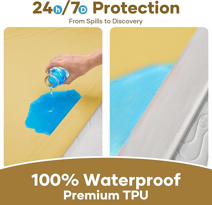 OhGeni 100% Waterproof Mattress Protector, Queen Size Yellow, Fitted Sheet with Deep Pockets, 6''-18'', Premium Noiseless Breathable Soft Material, Mattresses Cover for Bed