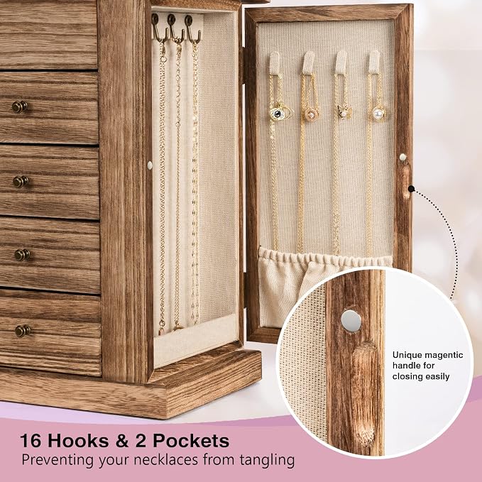 Emfogo Jewelry Box for Women, 5 Layer Large Wood Boxes & Organizers for Necklaces Earrings Rings Bracelets, Rustic Organizer with Drawers and Mirror(Carbonized Black) - Image 6