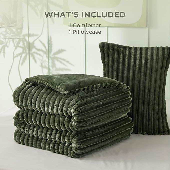 Bedsure Twin/Twin XL Size Comforter - GentleSoft™ 2 Pieces Double-Side Fleece Fluffy Olive Green Comforter Set, Cozy Striped Room Decor Aesthetic Luxury Twin Bedding Sets, 1 Pillowcase, 68x88 Inches