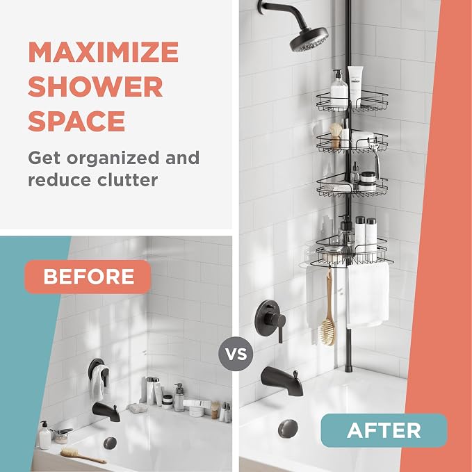 Zenna Home Tension Pole Shower Caddy Corner Organizer, Adjustable Standing Shower Caddy with 4 Baskets and Built in Towel Bar, Rust Resistant Bathroom Tension Rod Organizer, 60 to 97 Inch, Bronze - Image 9