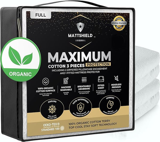 MATTSHIELD Maximum 3-Piece Kit - Waterproof Organic Cotton Terry Mattress Protector Full + 2 Pillow Protectors - Fitted with Stretchable Pockets - Skin-Friendly, Breathable Mattress Cover