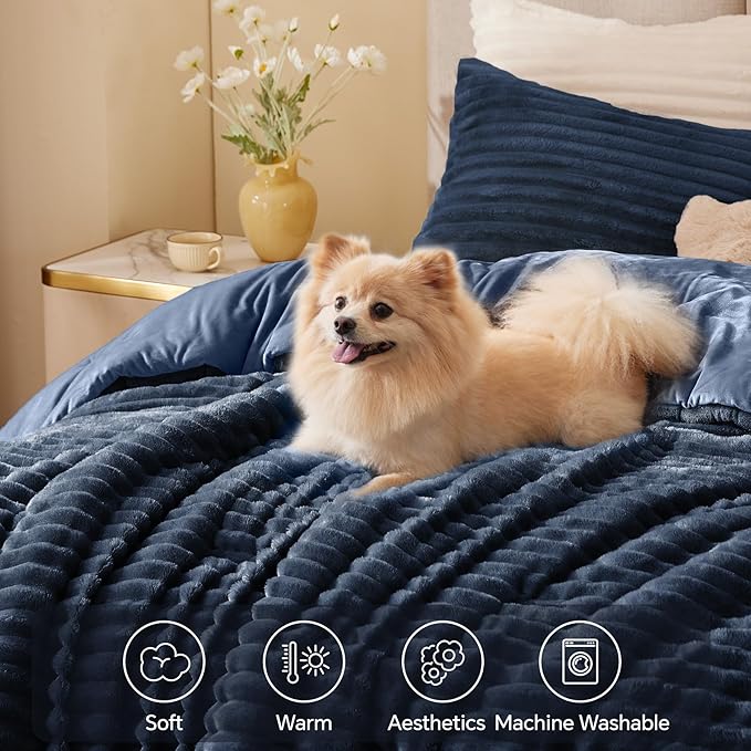 BEDELITE Fleece Full Comforter Set -Super Soft & Warm Fluffy Navy Blue Bedding, Luxury Fuzzy Heavy Bed Set for Winter with 2 Pillow Cases