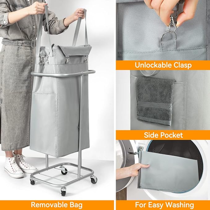 WOWLIVE 100L Rolling Laundry Hamper with Wheels Large Laundry Basket Organizer Laundry Cart with Steel Frame and Removable Bag Foldable Tall Dirty Clothes Hamper Dorm Room Storage for Bedroom (Grey) - Image 5