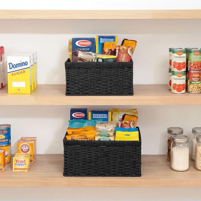 StorageWorks Wicker Storage Baskets for Organizing, Wicker Basket with Handles, Decorative Storage Baskets for Shelves, Black Paper Rope, 2 Pack - Image 7