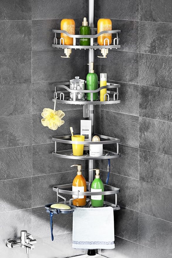 HAMITOR Corner Shower Caddy Tension Pole: Rustproof 4-Tier Bathroom Organizer Shelves for Bathtub Shampoo Storage - 47-121 Inch Quick Install Adjustable Rod Standing Rack with Soap Rack - Silver Gray by HAMITOR