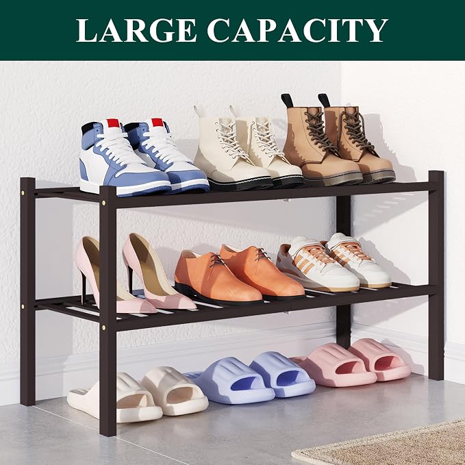 Smiry Bamboo Shoe Rack for Closet, 2 Tier Wooden Stackable Shoe Organizer, Free Standing Shoes Storage Shelf for Entryway, Front Door Entrance, Brown - Image 5
