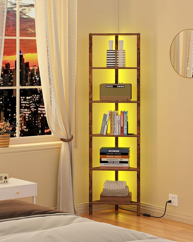 TUTOTAK Corner Shelf with LED Light, 6-Tier Corner Bookshelf for Small Space, Narrow Display Corner Shelf Stand with Storage Rack, for Living Room, Bedroom, Brown BS05BC006L - Image 6