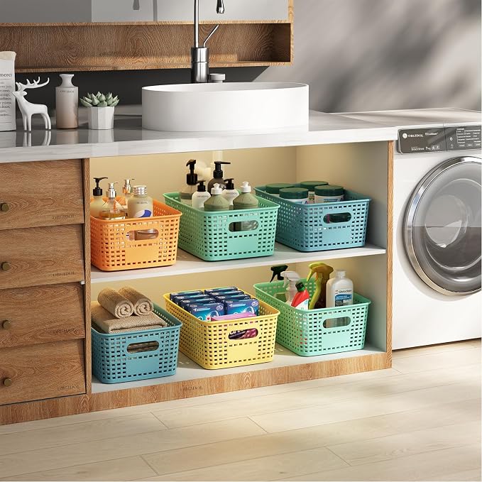 ORGIDOL Plastic Storage Basket with Lids 12 Pack Stackable Colorful Storage Bins Containers with Lid, Decorative Storage Boxes for Organizing Shelves, Drawers, Playroom, Classroom, Office, Closet - Image 4