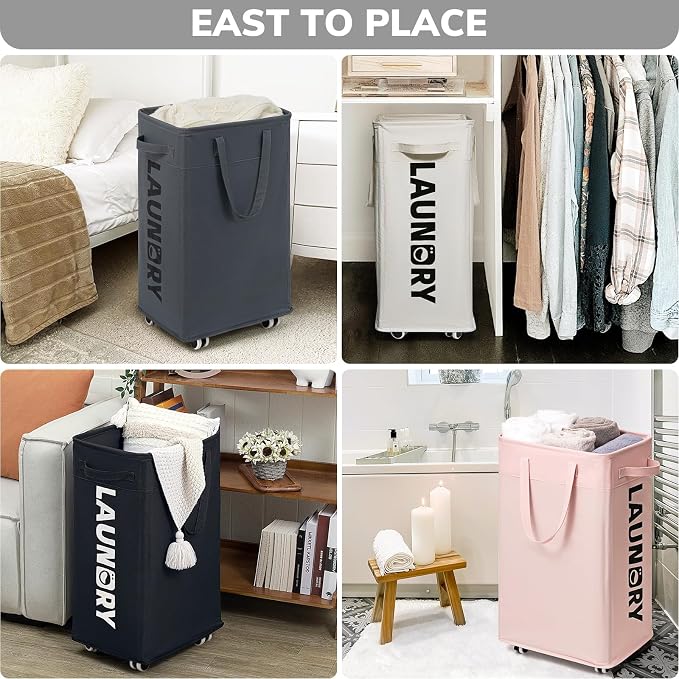 Goodpick Laundry Basket with Wheels, Laundry Hamper with Removable Wash Bag, Clothes Hamper, Rolling Laundry Basket, Dorm Room Essentials, 75L, Grey - Image 8