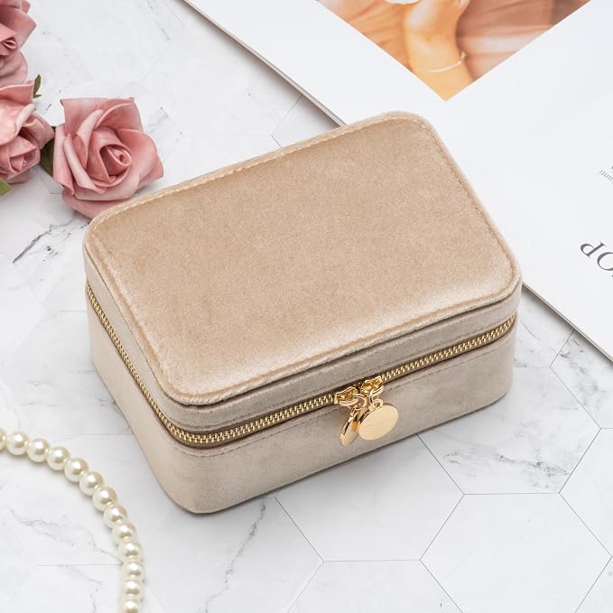 Velvet Travel Jewelry Organizer Box with Zipper Around Portable Accessory Display Tray Holder Storage Case for Multiple Earrings Rings Necklaces Bracelets (Beige) - Image 5
