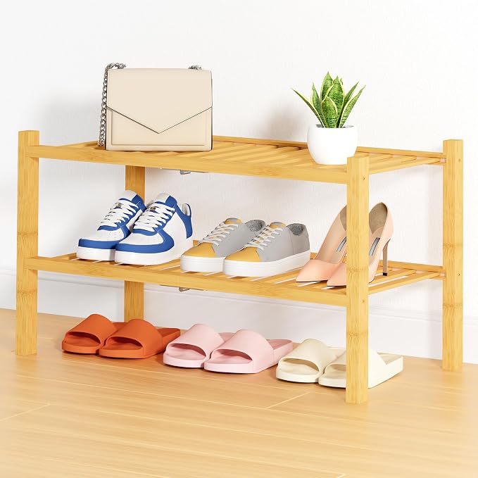 Smiry Shoe Rack, 2 Tier Thick Bamboo Shoe Organizer, Stackable Free Standing Wooden Shoe Storage Shelf for Closet, Entryway, Front Door Entrance, Natural by Smiry