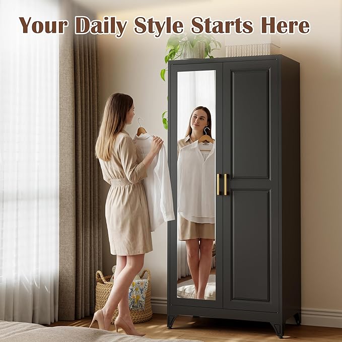 SteeLoong Metal Wardrobe Cabinet with Hanging Rod, 71" Tall Armoire Wardrobe Closet with 2 Mirror Doors and Adjustable Shelves, Black Clothing Storage Cabinets for Bedroom, Laundry Room