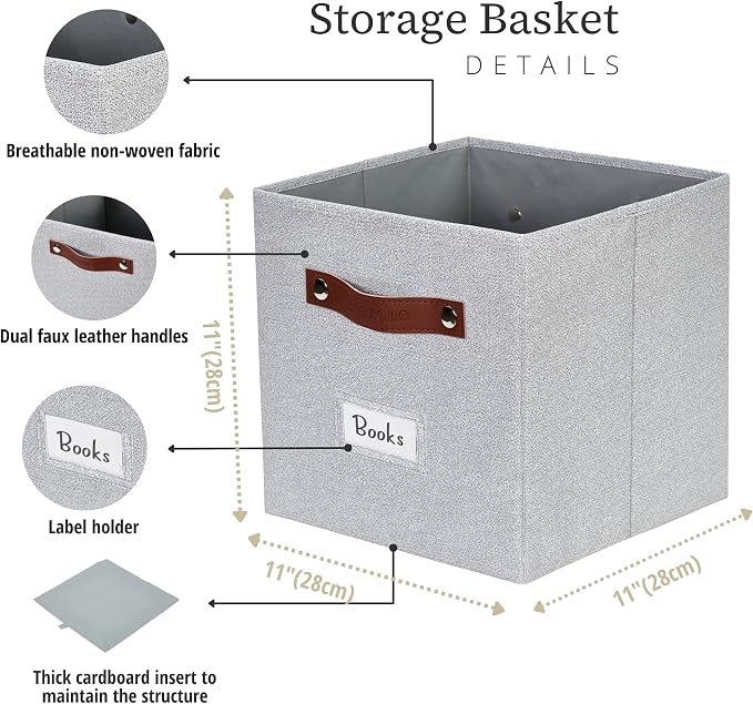 DECOMOMO Storage Bins, Cube Storage Bin with Labels, Fabric Storage Cubes for Shelves (11" / 6pcs, Light Texture Grey) - Image 3