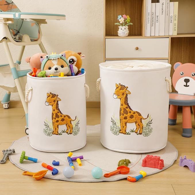 Kids Laundry Basket Baby Hamper for Nursery, Canvas 58L Large Dirty Clothes Hampers with Drawstring Closure, Jungle Theme Baby Basket, Animal Baskets Toy Laundry Hamper, Safari Nursery Decor, Giraffe - Image 2