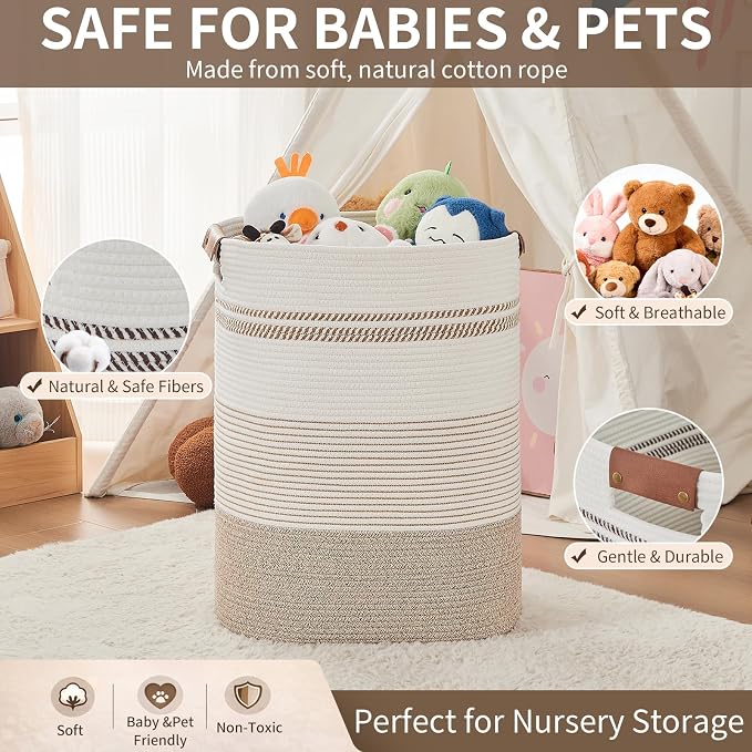 AINUOQI Laundry Basket with Handles - Blanket Basket & Hampers for Bedroom Aesthetic, Laundry Hamper & Blanket Storage for Living Room, Clothes Hamper, Tall, Large 17" x 14" x 22”, Light Brown & White - Image 8
