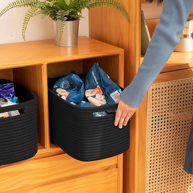 OIAHOMY 4 Pack Storage Baskets for Organizing, Cube Storage Bins for Shelves, Rectangle Storage Baskets With Handles, Woven Baskets for Storage, 16''Lx12''Wx8''H, Black - Image 4