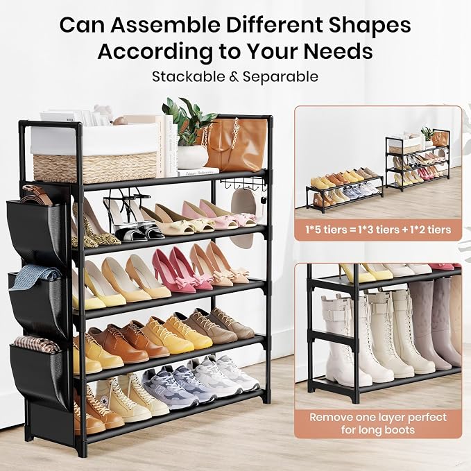 VILICK 5 Tier Shoe Rack with Hook and Side Pocket,Shoe Organizer Space Saver Storage for 20-25 Pair Shoe Storage Shelf Sturdy Free Standing Long Shoe Rack Organizer for Closet,Entryway,Small Spaces - Image 5