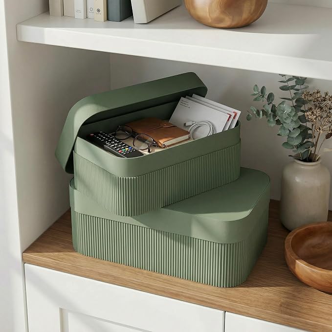 Decorative Storage Boxes with Lids – Set of 2 Beautiful Fluted Cardboard Organizer Bins for Your Home Bookshelf Decor to Safely Store Your Documents, Memory Box Items and Other Keepsakes in Style - Image 2