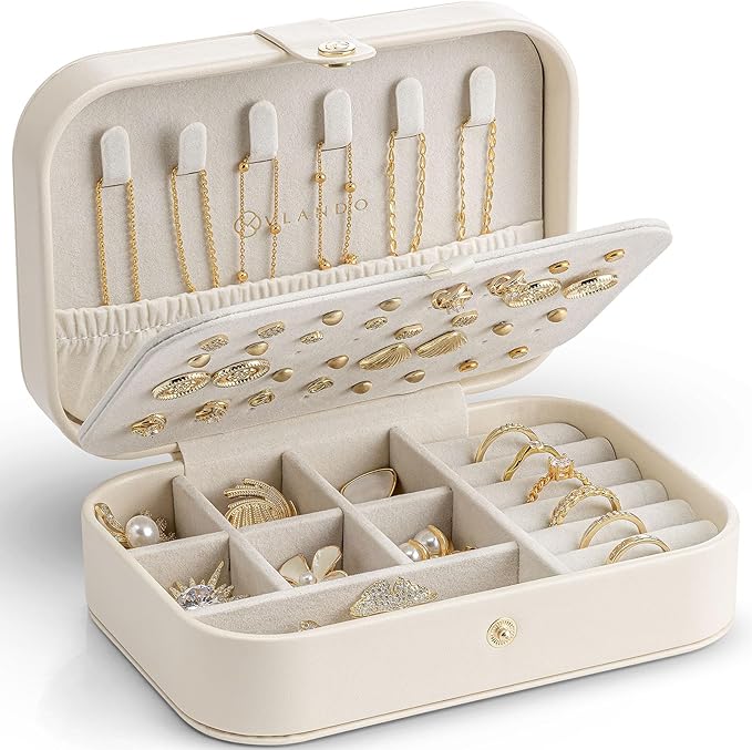 VLANDO Travel Jewelry Case for Women Girls, Gifts for Mother, PU Leather Small Jewelry Box for Rings, Necklaces, Bracelets, Earring Holder Organizer Storage for Travel Essentials - Beige by VLANDO