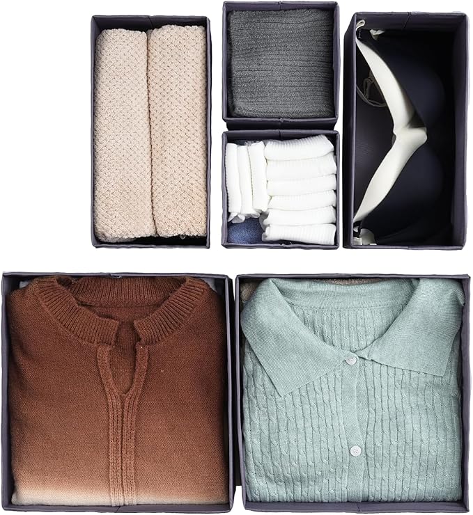 TYEERS Drawer Organizers, Durable Fabric, Washable, with Base Support Boards, Small Storage Boxes for Bathroom, Closet, Dresser, Set of 6, Dark Grey - Image 5