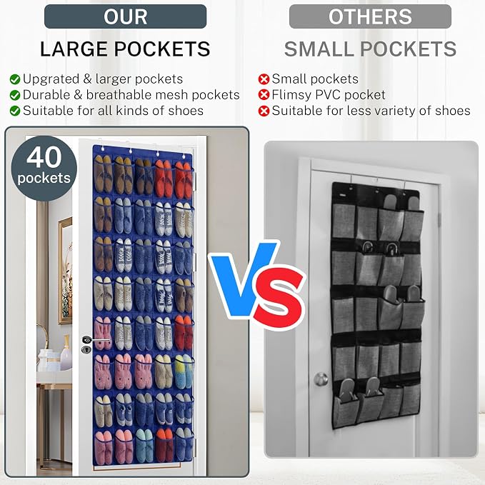 40-Pocket Over the Door Shoe Organizer - Large Mesh Pocket Hanging Shoe Organizer,Behind the Door Shoes Storage Holder Hanger - Image 6