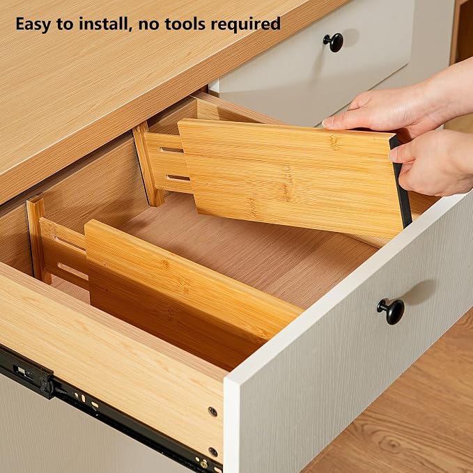 Fabsome Dresser Drawer Organizers 6 Pack, 4.65'' High Adjustable from 17-22‘’ Bamboo Drawer Dividers for Clothing Baby Clothes, Wooden Separators for Dresser Nursery Organization with Soft Foam Ends - Image 4
