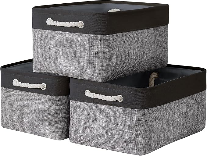 TheWarmHome Collapsible Storage Bin for Shelves - 16x12x8 inch Large 3 Pack Storage Basket for Organizing with Rope, Fabric Storage Cubes for Organizer Toy Cloth Gift Closet (Black & Grey) by TheWarmHome