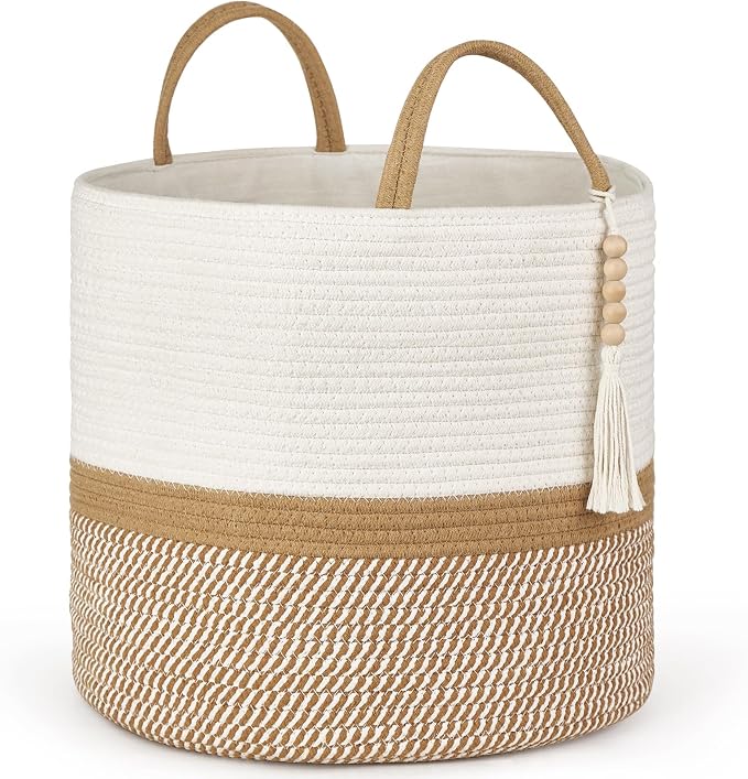 Mkono Woven Storage Basket Decorative Natural Rope Basket Wooden Bead Decoration for Blankets,Toys,Clothes,Shoes,Plant Organizer Bin with Handles Living Room Home Decor, 16"W×13.8"L, White and Brown by Mkono