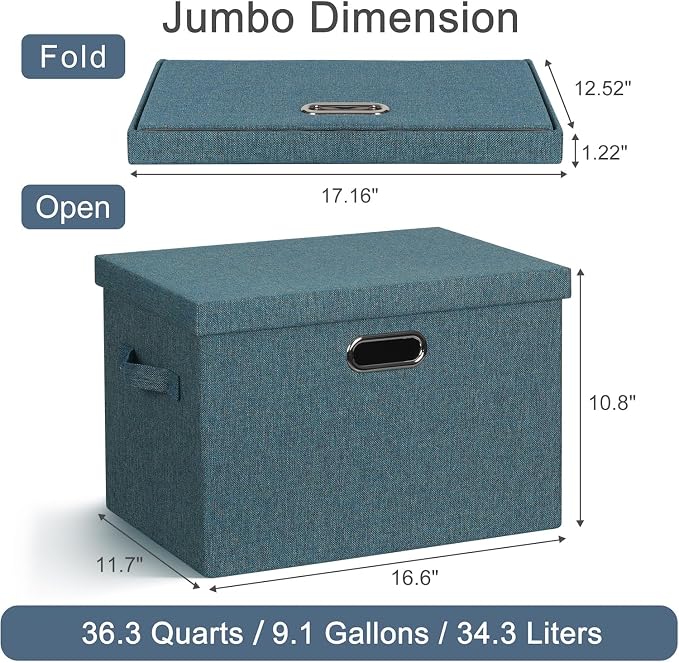 Graciadeco Large 17" 36 Quart Collapsible Stackable Storage Bins with Lids, 3 Packs Blue-Green Linen Fabric Closet Boxes with Lids, Storage Cube Baskets Container Organizers for Bedroom (17x12x11) - Image 2