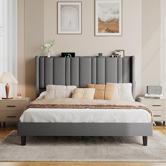 ONBRILL Queen Size Headboard with Storage, LED Light, Linen Vertical Wingback Headboard with Charging Station, Upholstered Head Board Queen w/High-Density Sponge Padding, 2 Storage Pockets, Grey