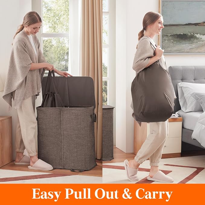 Lifewit Double Laundry Hamper with Lid and Removable Laundry Bags, Large Collapsible 2 Dividers Dirty Clothes Basket with Handles for Bedroom Laundry Room Closet Bathroom College, 136L Brown - Image 4