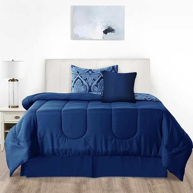 LUX Décor Reversible 4pc Twin Comforter Set, Printed Bedding Set, All-in-One Bed in a Bag, Includes 1 Comforter, 1 Pillow Sham, 1 Decor Pillow & 1 Bed Skirt (Paisley Navy,Twin)