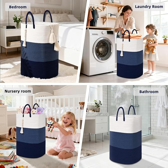 Woven Laundry Basket for Clothes,100 L Large Rectangle Laundry Hampers with Beads Tassel, Nursery Storage Basket for Toys, Tall Dirty Clothes Hamper for Bedroom Aesthetic, Laundry Room Organization - Image 5