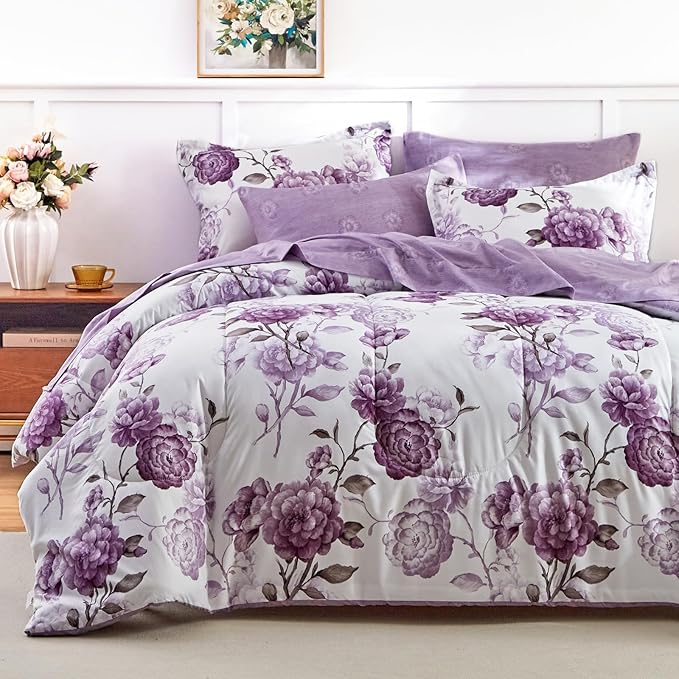 AIKASY 6-Piece Twin Size Bed in a Bag Comforter Set - Thistle Purple Floral Ensemble with Reversible Botanical Flowers Comforter, Sheets, Pillowcases & Shams