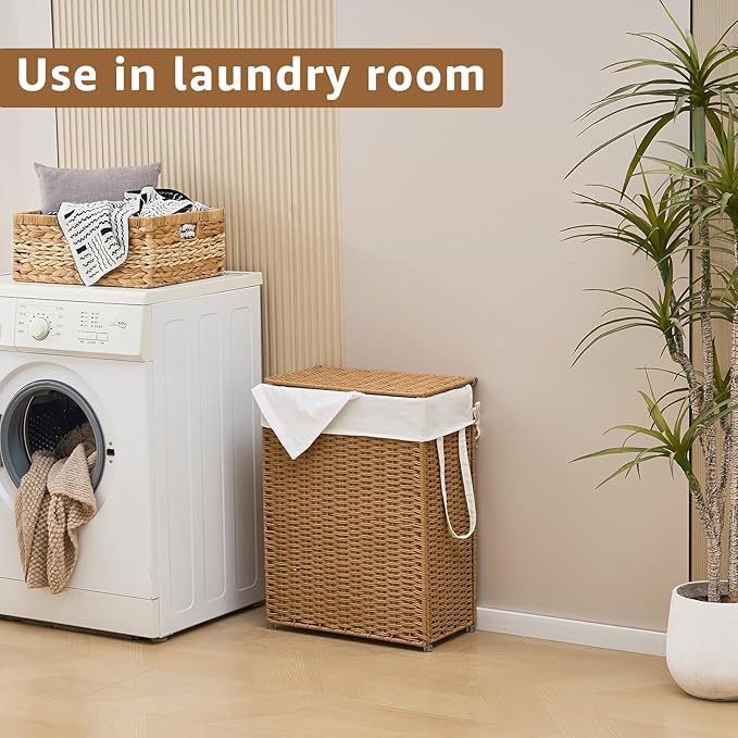 Slim Wicker Laundry Hamper with Lid, 55L Handwoven Rattan Basket with Handles, Narrow Laundry Basket with Removable Liner Bag & 2 Mesh Bags - Image 5