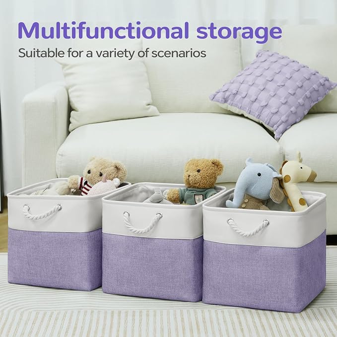 12 x 12 Inch Cube Storage Bins, 4 Pack Fabric Storage Basket with Handles, Foldable Boxes Organizer for Shelf Baskets for Home, Clothes (White/Purple) - Image 5