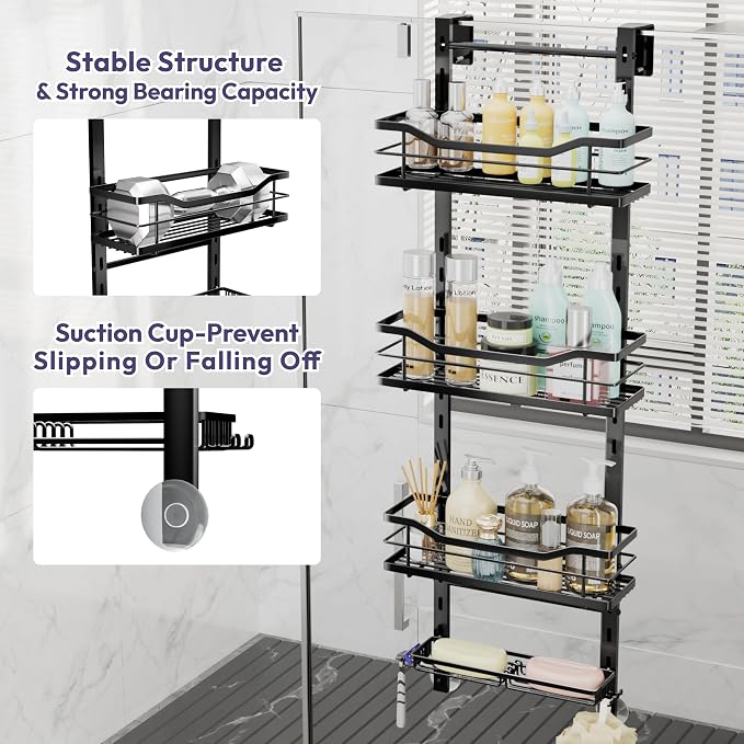 SWTYMIKI Over the Door Shower Caddy - 4 Tier Adjustable Shower Organizer Hanging with Soap Holder, No Drilling Stainless Steel Bathroom Rack Hanging for Body Wash, Shampoo, Soap, Razor, Black - Image 5