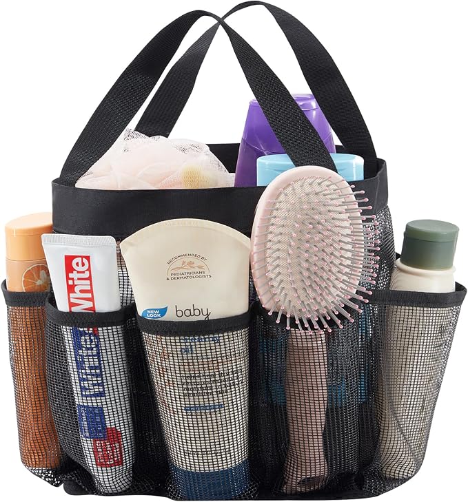 Lifewit Mesh Shower Caddy Portable for College Dorm Room Essentials with 7 Pockets, Freestanding Hanging Organizer Basket, Quick Dry Tote Bag for Camping, Bathroom, Beach, Travel, 1 Pack, Black by Lifewit
