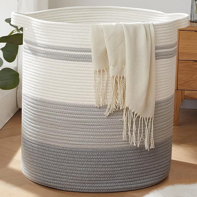 OIAHOMY 115L Laundry Baskets Hamper with Handles, Decorative Basket for Living room, Woven Storage Basket for Toys Bin,Pillows, Blankets, Clothes-20x22.5in-Gradient Grey by MasterofSpaceOptimization