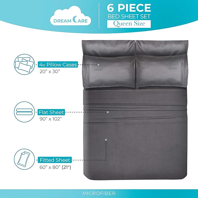 DREAMCARE Queen Sheet Set - 6 pcs Breathable Cooling Bed Sheets - up to 21" Extra Deep Pocket Queen Sheets Set with Side Pockets - Extra Soft 100% Brushed Hypoallergenic Hotel Luxury Bedding - Gray