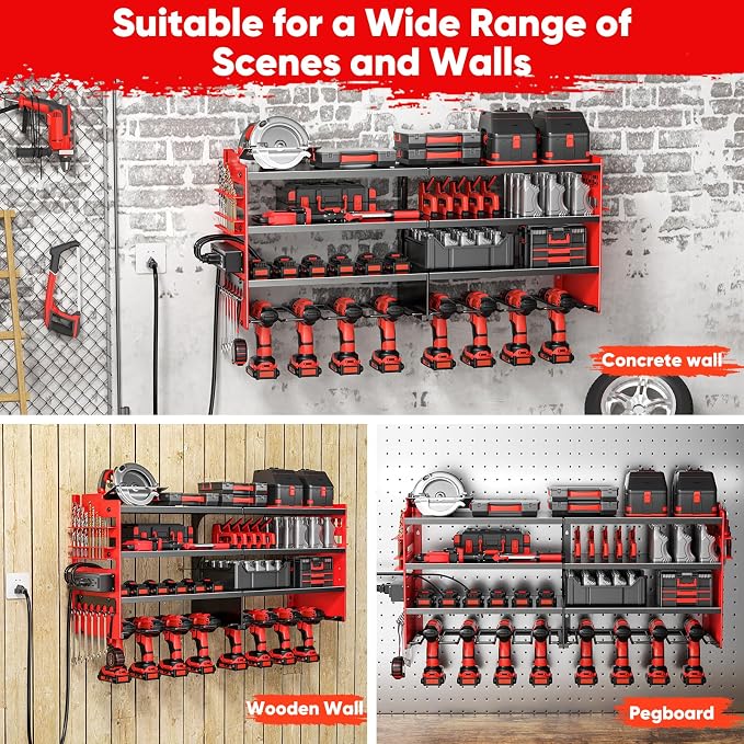 POKIPO Large Power Tool Organizer Wall Mount with Charging Station,4 Layer Heavy Duty Metal Tool Storage Shelf Loads 600lbs,Battery Utility Rack With 4 Outlet Power Strip with 8 Cordless Drill Holder - Image 6