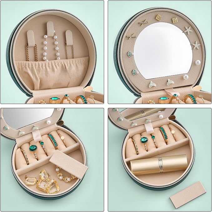 ProCase Travel Size Jewelry Box, Mini Portable Seashell-Shaped Jewelry Case with Mirror, 2 Layer Organizer in PU Leather for Women -Emerald - Image 3