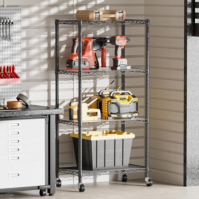 SINGAYE 4 Shelf Storage Wire Shelves Closet Bathroom Organizers Metal Pantry Kitchen Garage Shelving Unit Laundry Room Organization Home Narrow Rack Net Basket with Wheels Black - Image 6