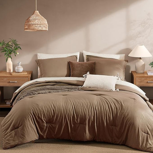 Monbix Full Size Comforter Set - 7 Pieces Brown Prewashed Bed in a Bag Full Bedding Sets with Comforters, All Seasons Ultra Soft Comforter Bed Set with Sheets,Pillowcases & Shams