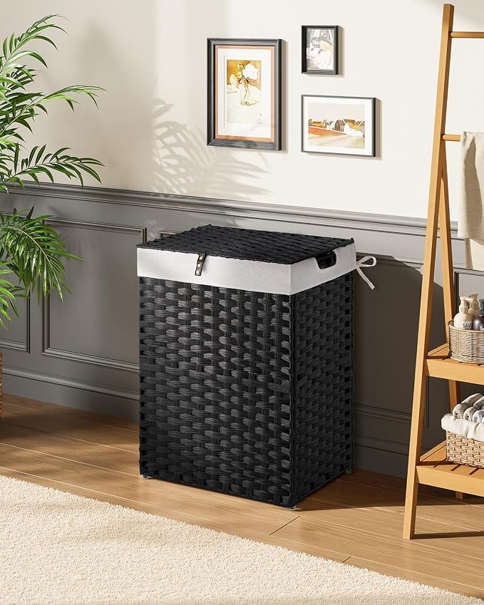 Greenstell Laundry Hamper with 2 Removable Liner Bags, Foldable Divided Clothes Hamper, 90L Handwoven Synthetic Rattan Laundry Basket with Lid and Handles, Easy to Install Black 18.3x13.3x24 Inches - Image 2